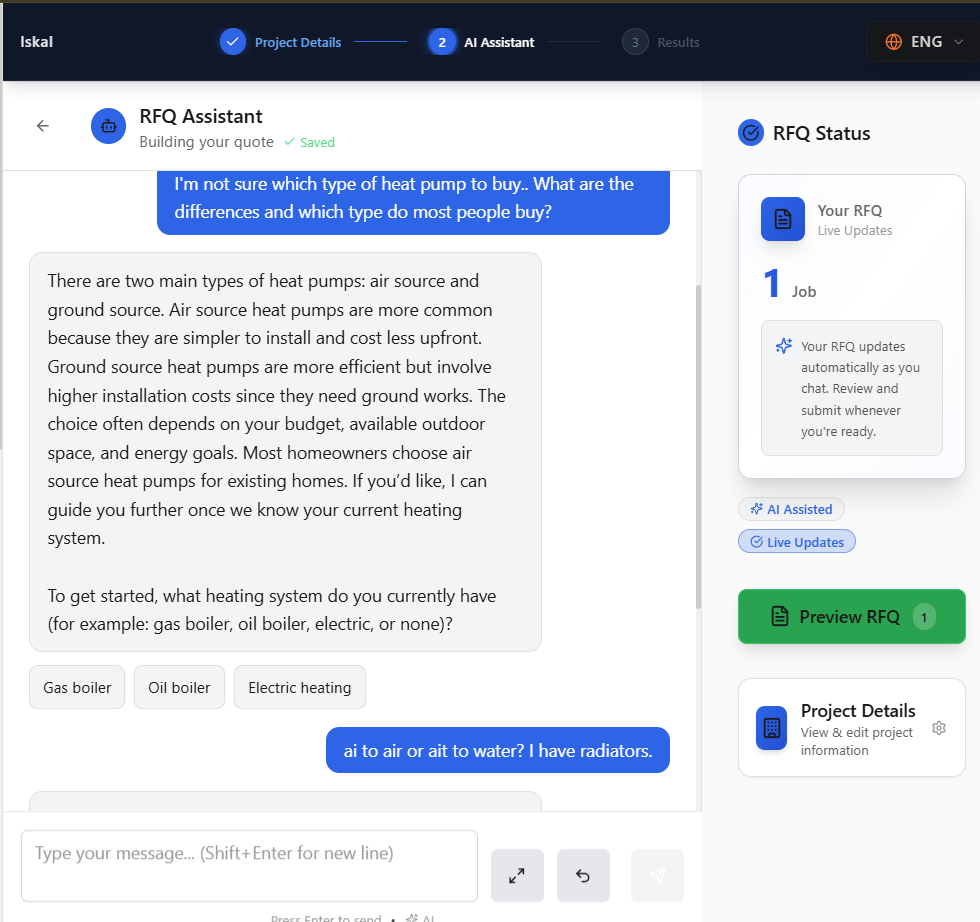 ISKAL AI assistant — guided questions and live RFQ preview (AI Assistant)